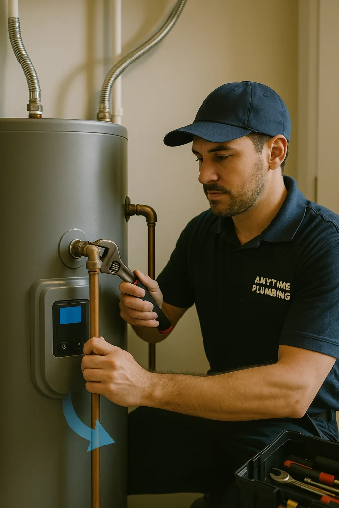 licensed plumber from Anytime Plumbing installing a heat pump water heater