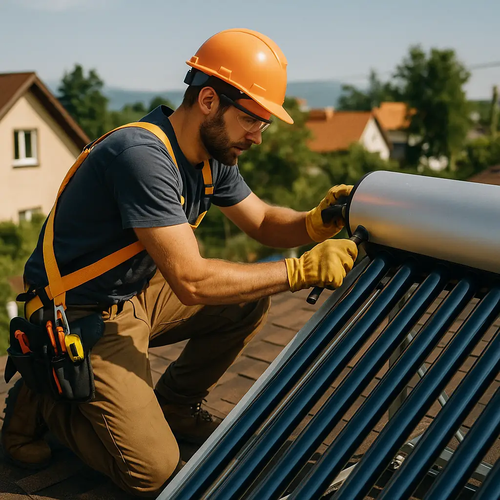 Professional Technician Installing Solar Water Heater