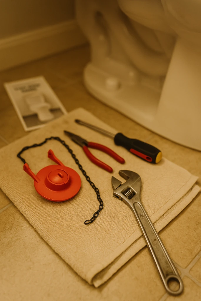 DIY toilet repair tools and parts laid out on a towel beside a toilet