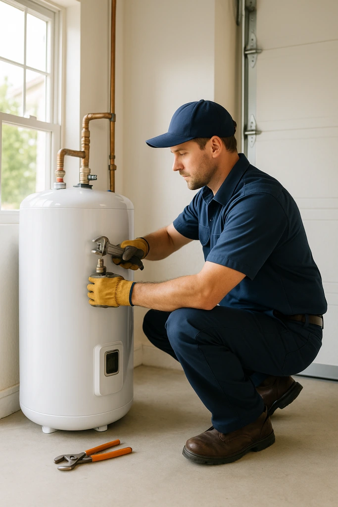 A professional plumber installing a modern water heater