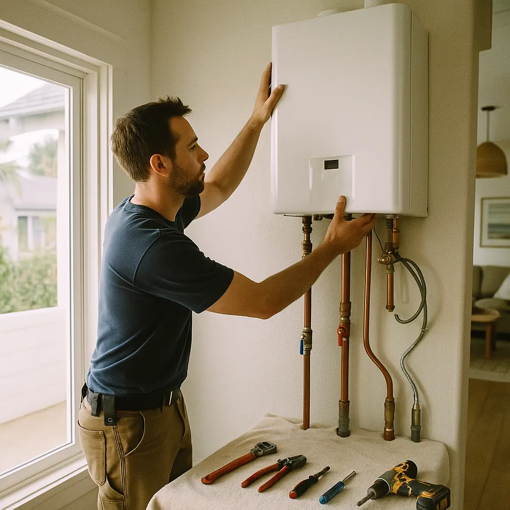 professional plumber installing a wall-mounted tankless water heater