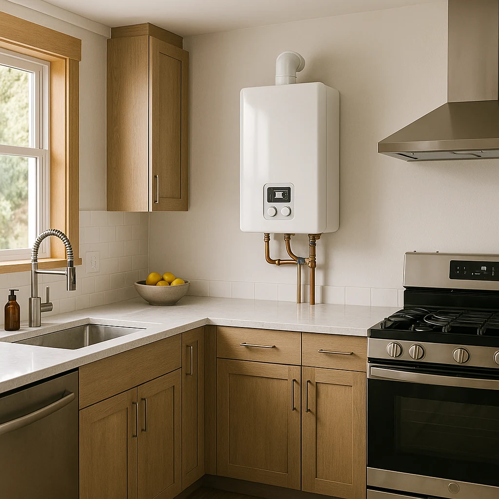 modern Santa Cruz County home kitchen with a compact tankless hot water heater mounted on the wall