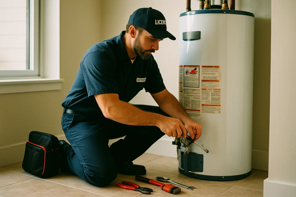 A licensed plumber repairing a gas water heater