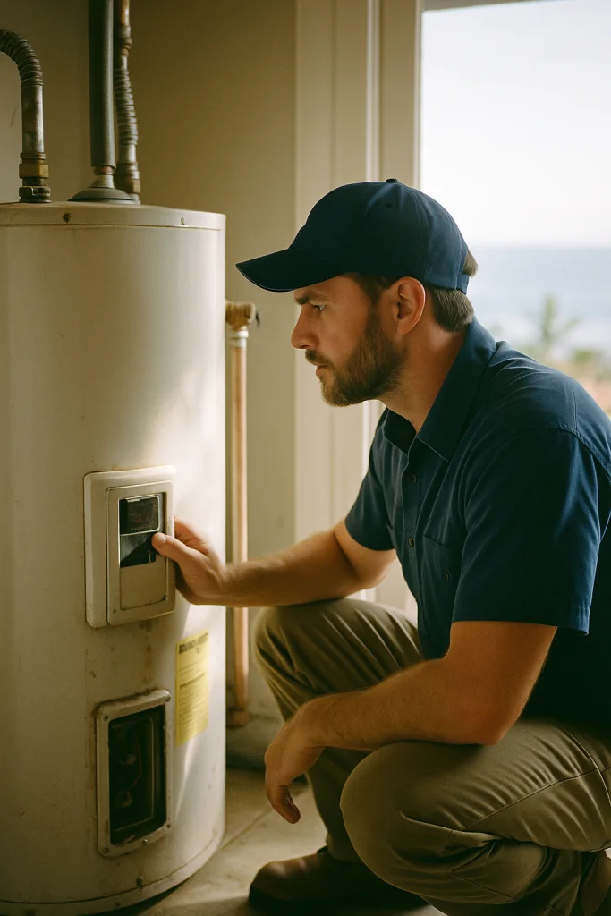 professional plumber inspecting a water heater in a coastal California home