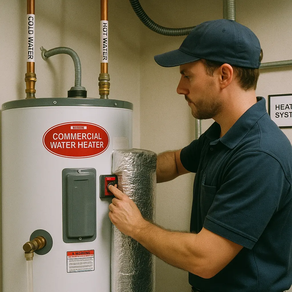 Technician flushing a tank, checking thermostat, and applying insulation wrap to a commercial water heater.