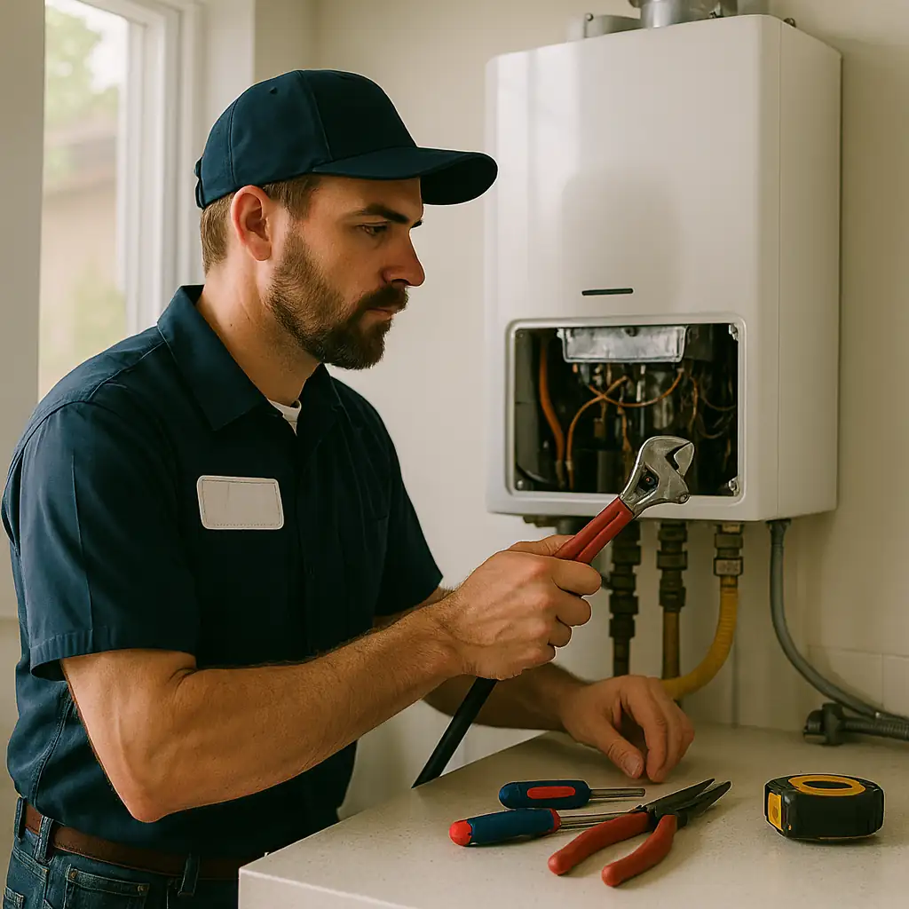 a licensed plumber servicing a tankless water heater
