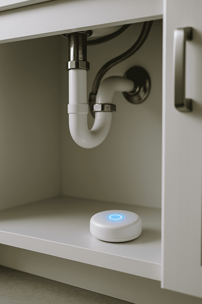 smart leak detector placed under a bathroom sink. Moisture sensor blinking blue.