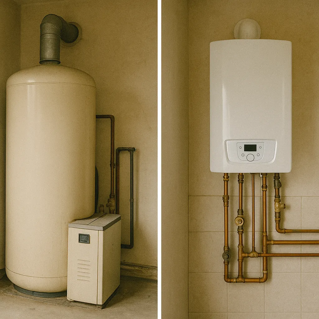 outdated traditional boiler system with large storage tank and a sleek new wall-mounted combi boiler water heater installed in a Santa Cruz home.