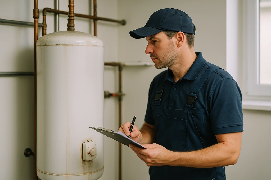professional plumber in uniform inspecting an old water heater