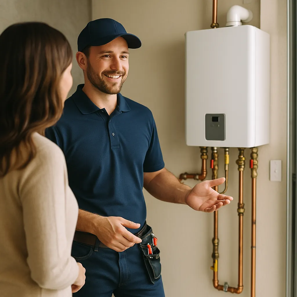 plumber explaining to homeowner