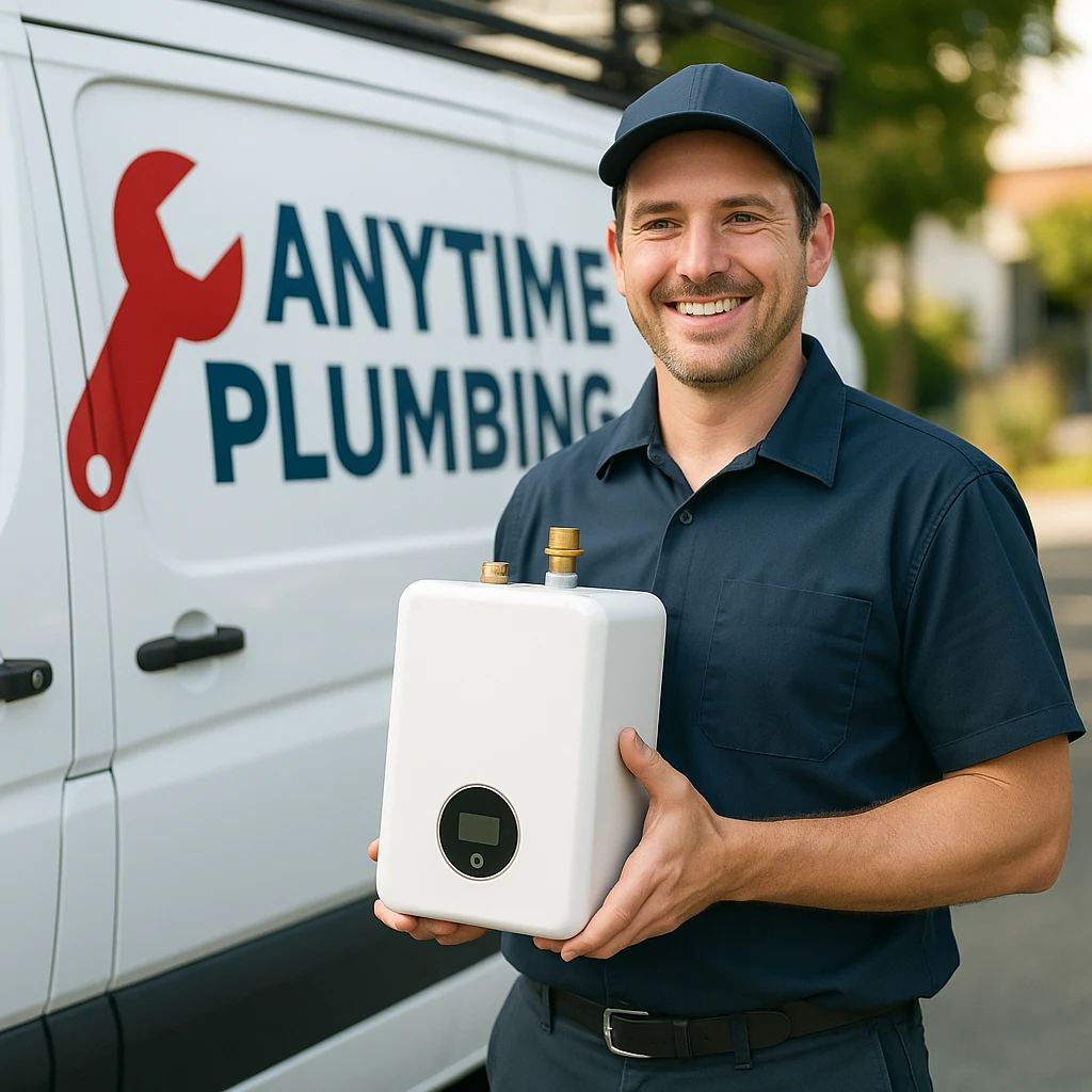 A technician holding a small tankless unit