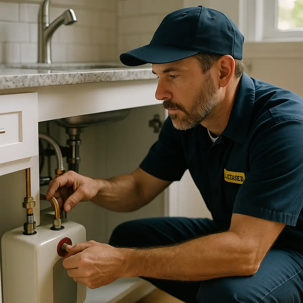 A professional plumber installing a compact point-of-use tankless water heater under a kitchen sink.