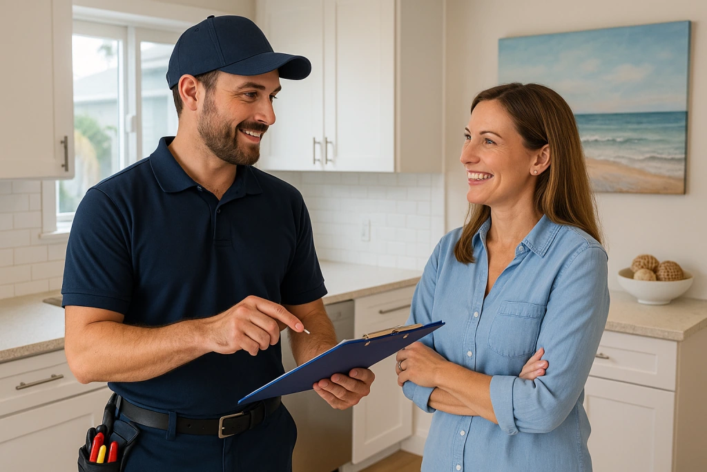 friendly plumber consulting with a smiling homeowner