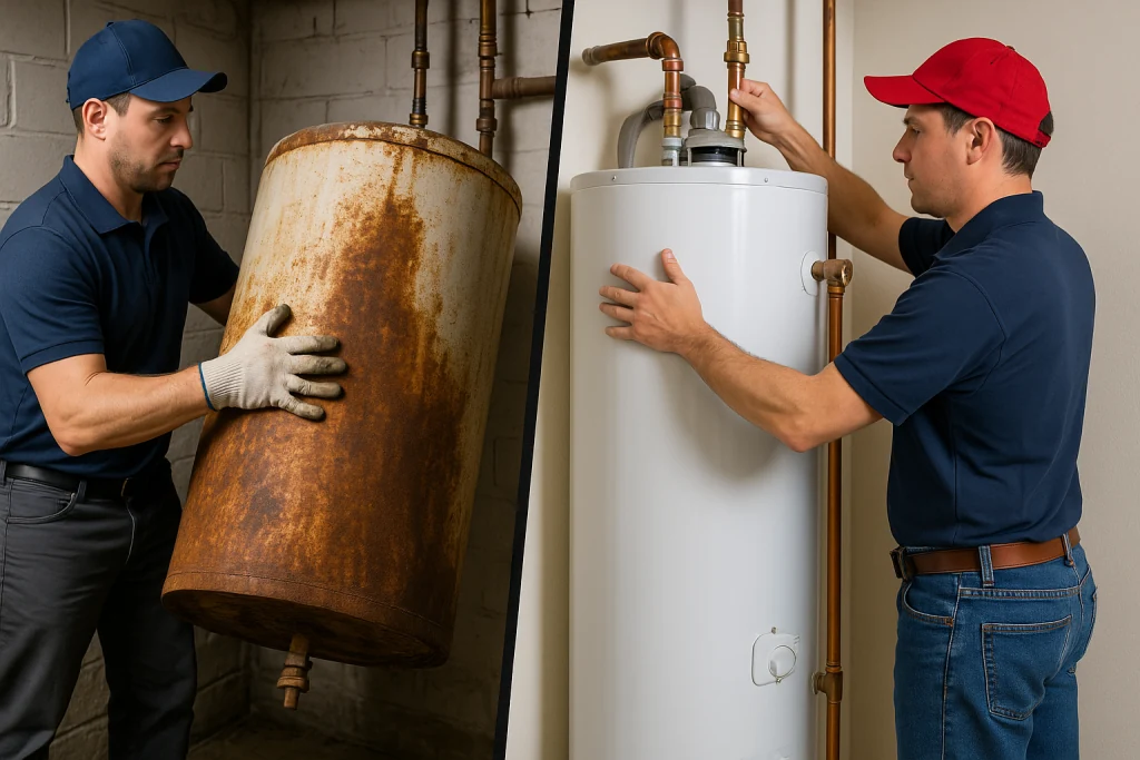 old rusty heater being removed and a new modern unit being installed.