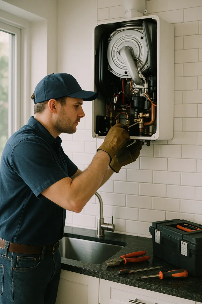 lumber in uniform repairing a wall-mounted combi boiler system