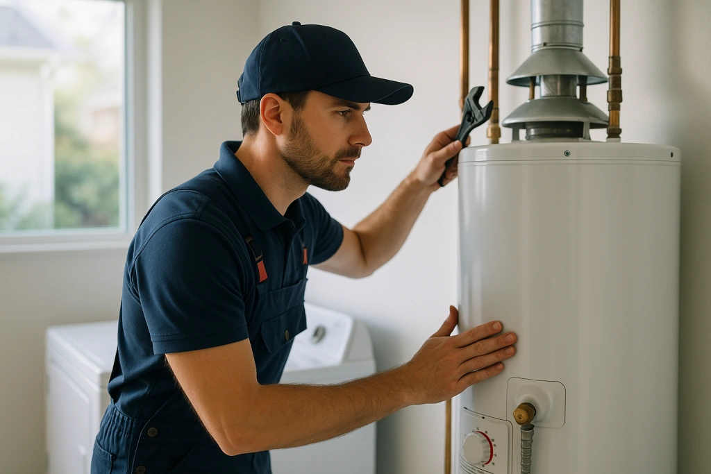 professional plumber inspecting a residential water heater