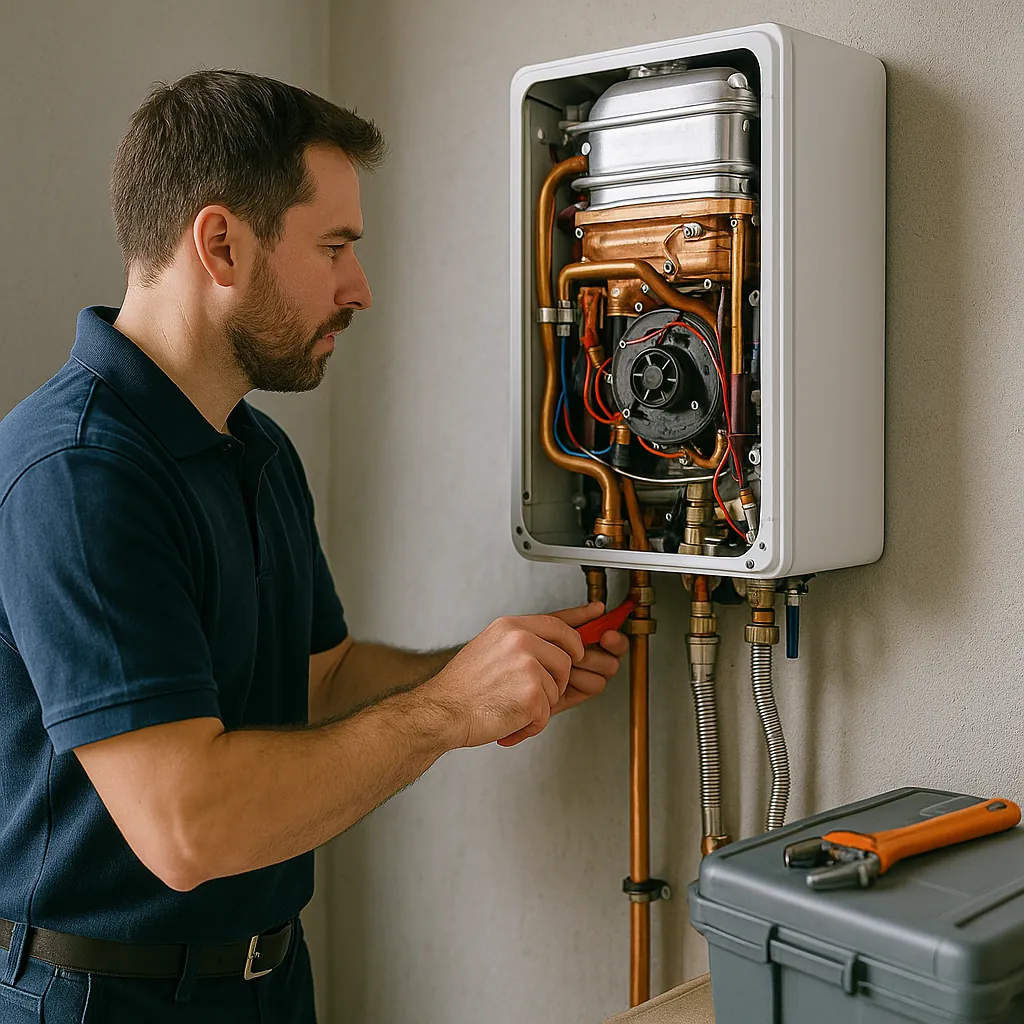 performing maintenance on a wall-mounted instant hot water heater.