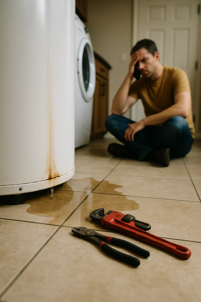 water puddle under a leaking water heater