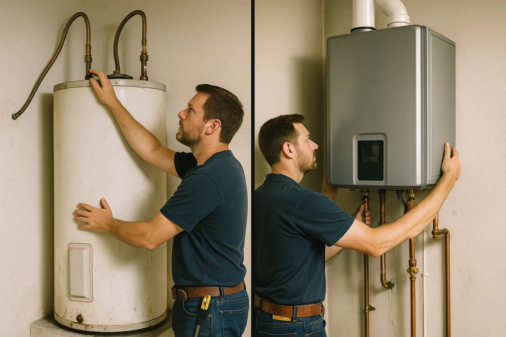 a plumber replacing an old non-condensing water heater with a new condensing unit in a California home.