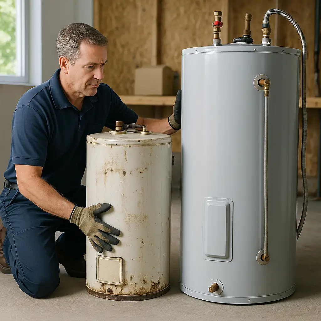 Plumber preparing to install a new water heater next to an old one