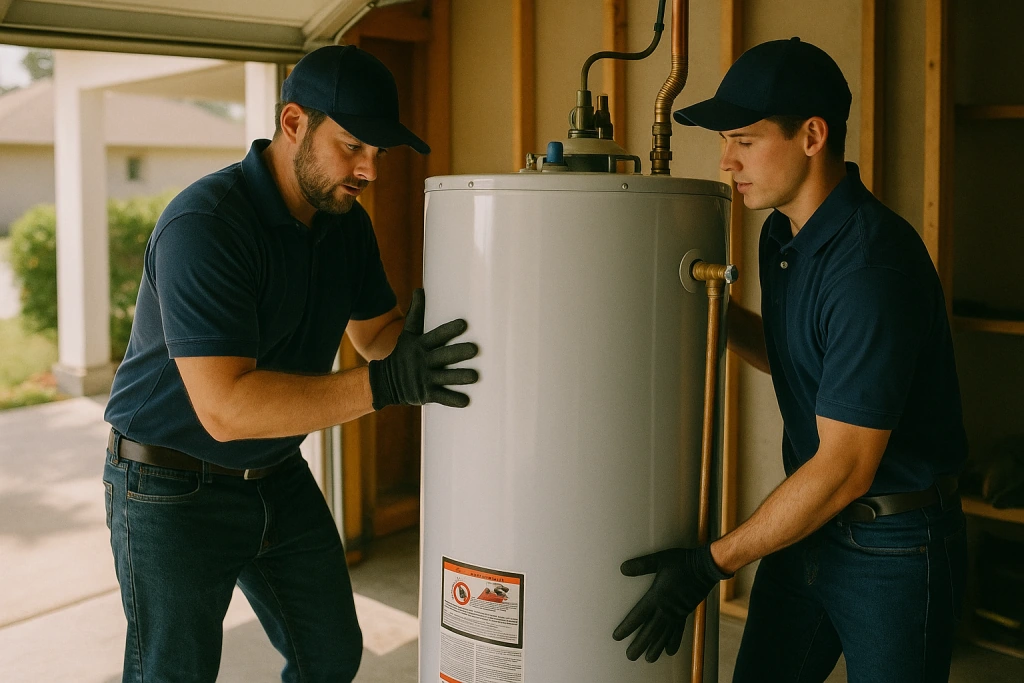 two plumbers lifting and installing a new modern tank water heater.