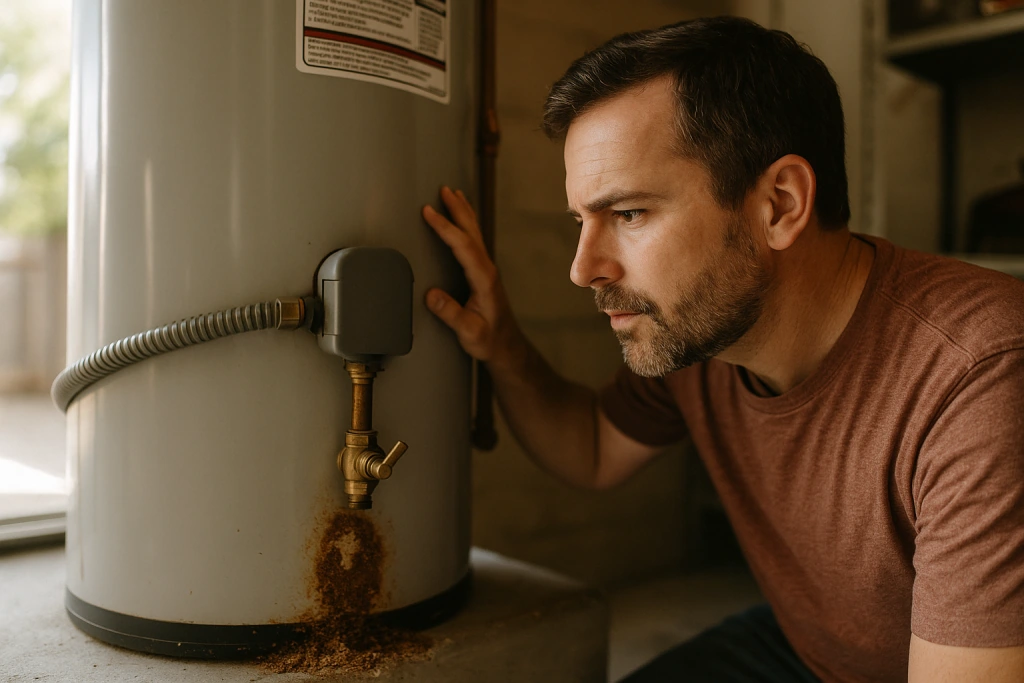 homeowner inspecting a water heater in their garage. The water heater has visible sediment buildup near the drain valve.