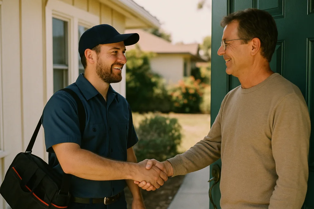 technician shaking hands with a customer at the door.