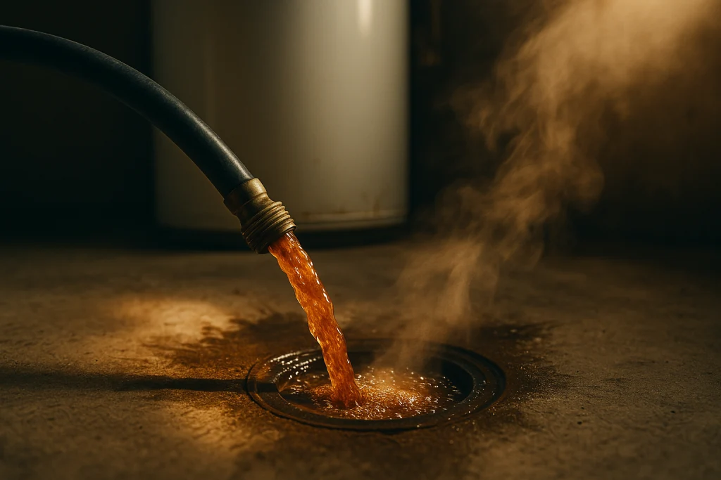 Water draining through the hose into a floor drain.