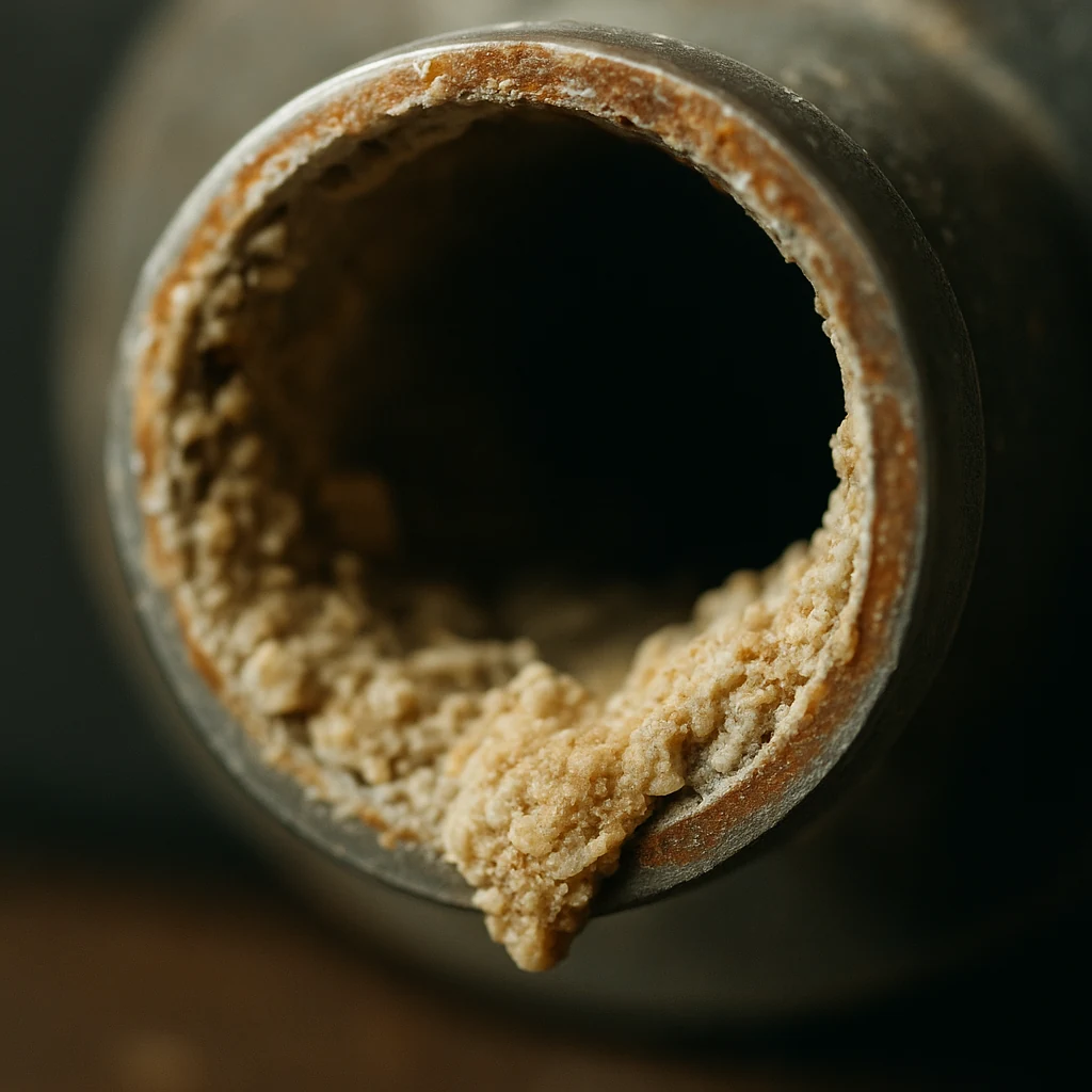 mineral scale inside a tankless water heater pipe section