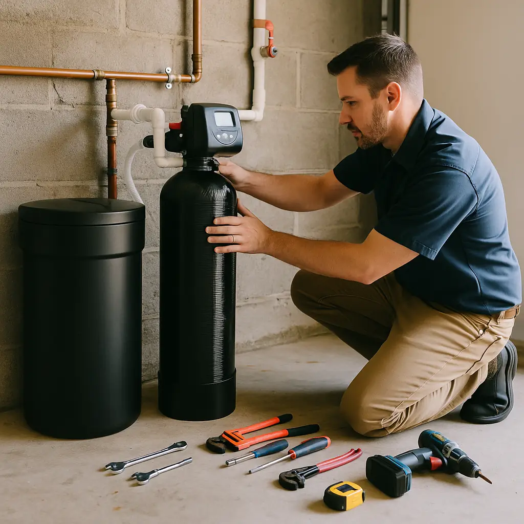 a professional plumber installing a water softener system in a Santa Cruz garage.
