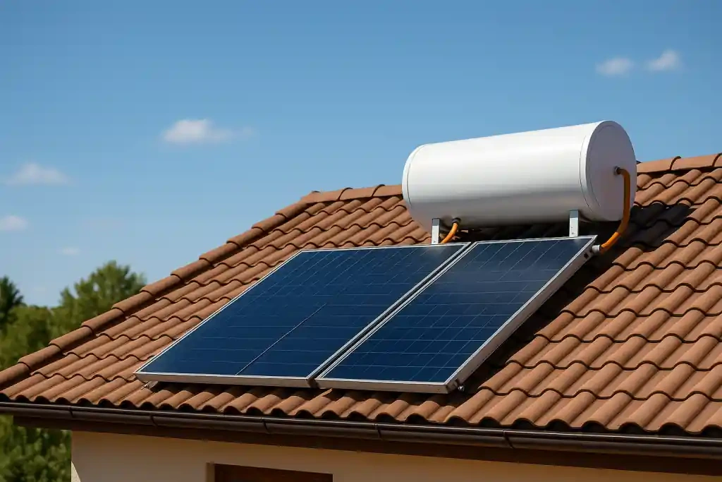 Rooftop solar panels connected to a storage tank.