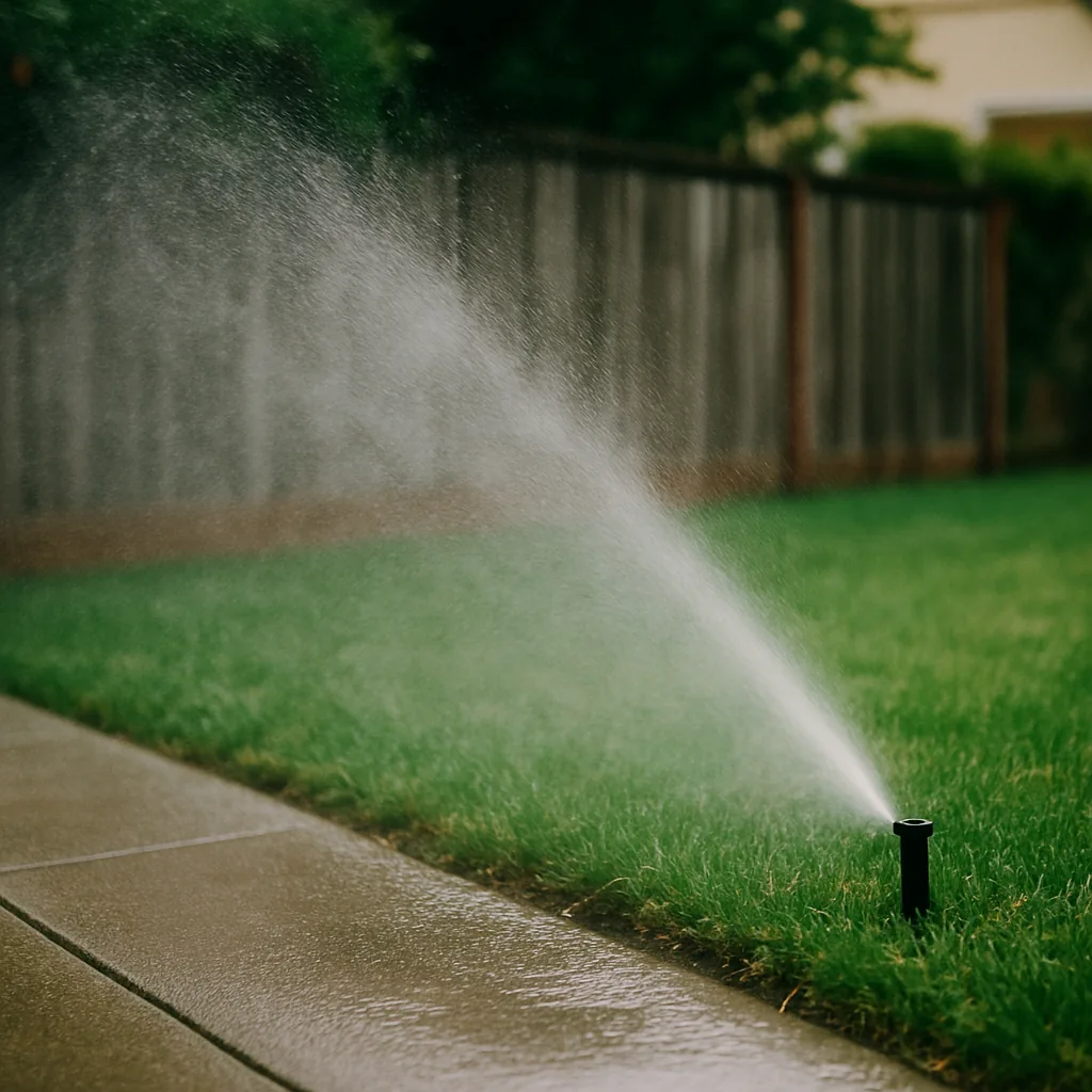 sprinkler system overspraying onto a concrete sidewalk and fence