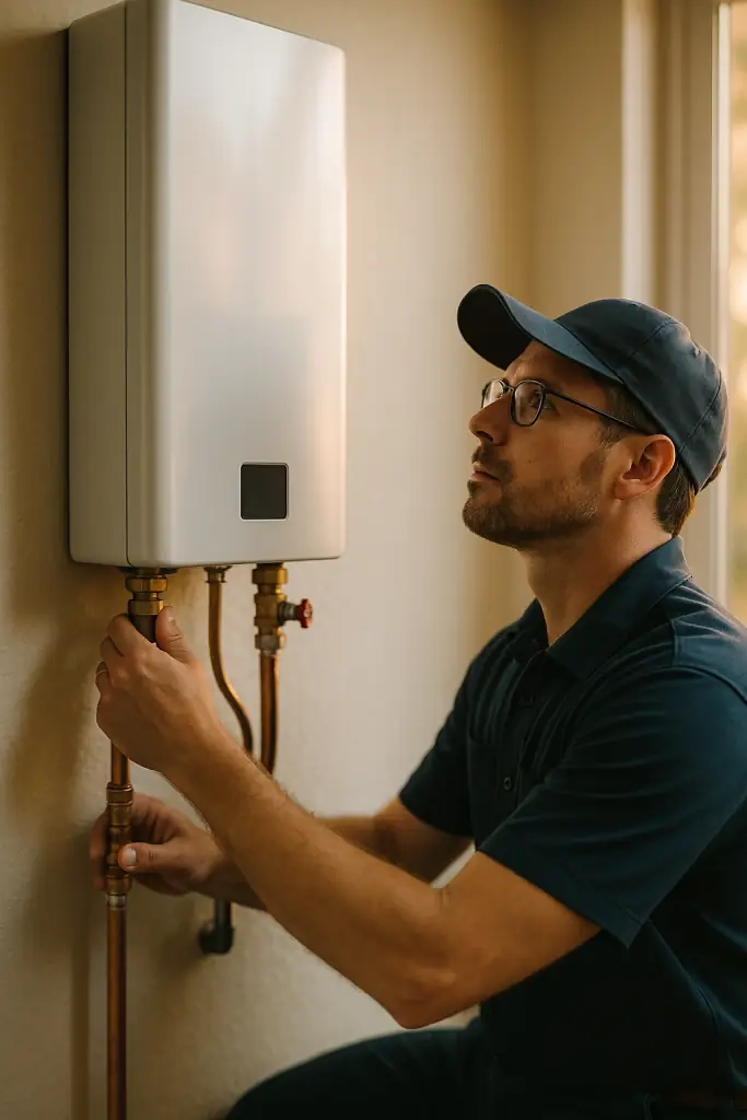 Tankless water heater being installed by a technician
