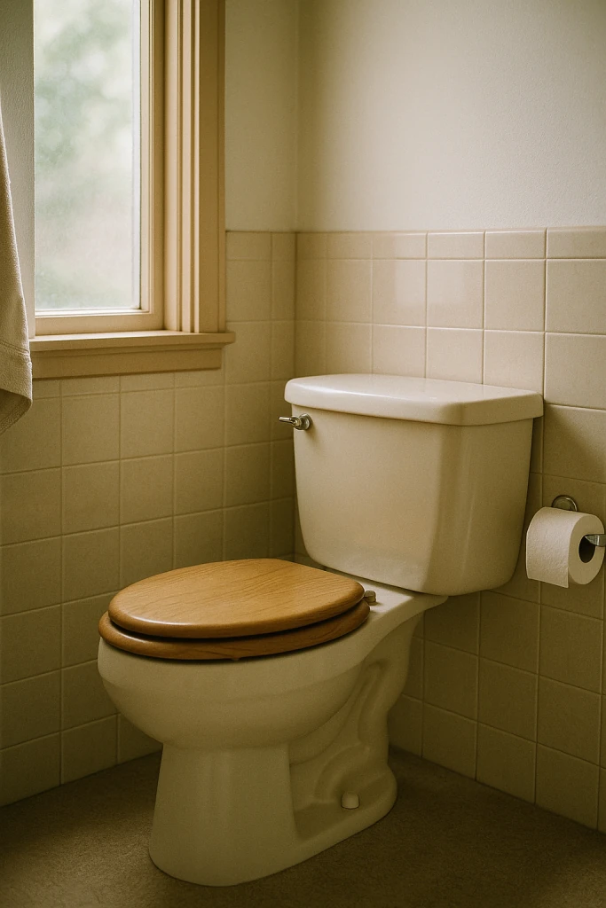 a family bathroom with an older toilet