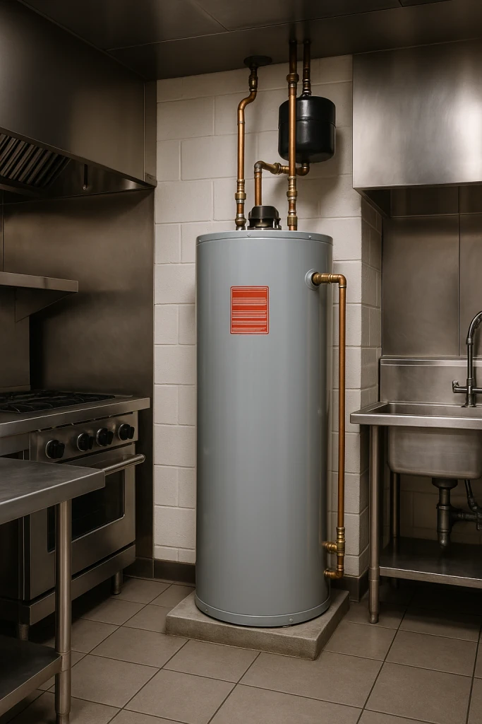 Backroom of a restaurant kitchen with a large commercial water heater in operation