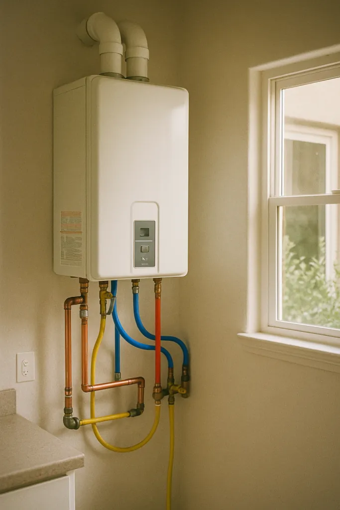 tankless water heater installed in a clean California home utility room