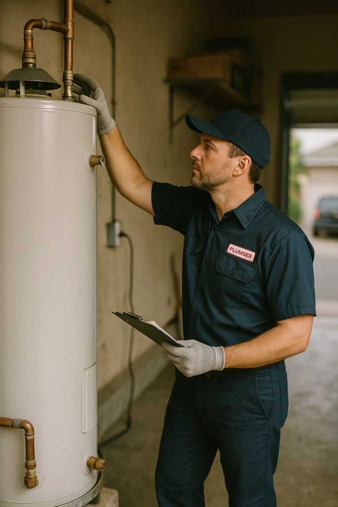 licensed plumber in uniform inspecting a large residential water heater