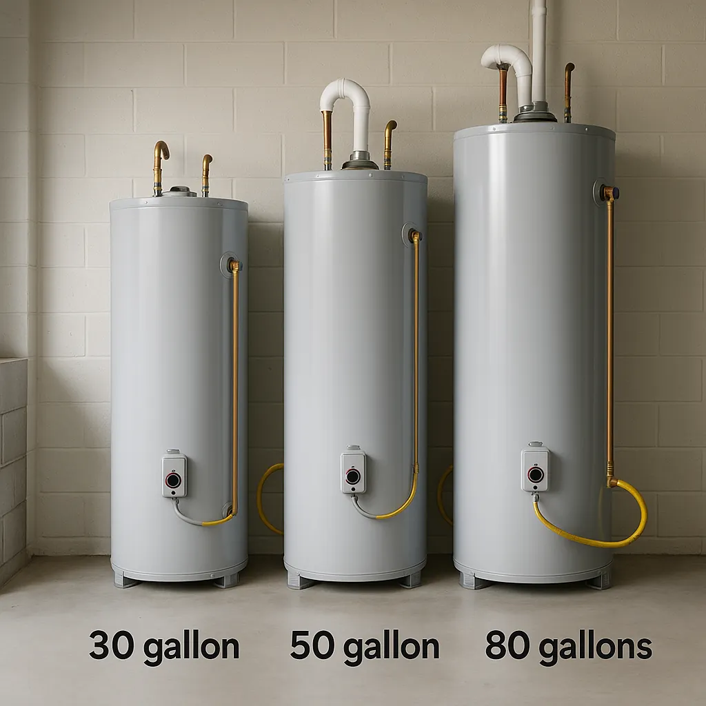 three residential water heater tanks (30, 50, and 80 gallons)