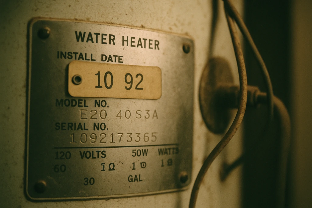 old water heater’s data plate, serial number visible, dusty surface and aged wiring.