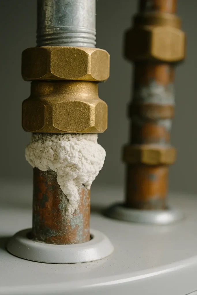 white scale deposits on brass water heater fittings