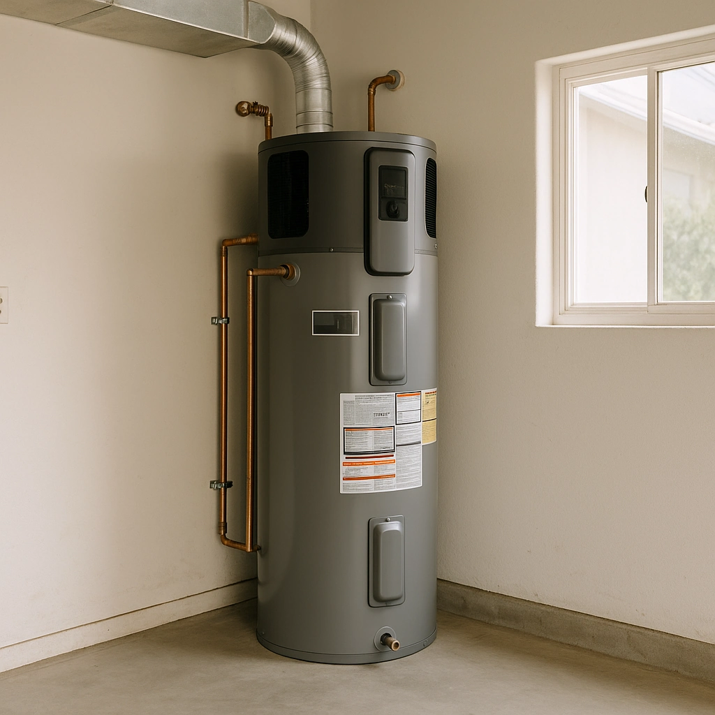 newly installed heat pump water heater in a Santa Cruz garage,