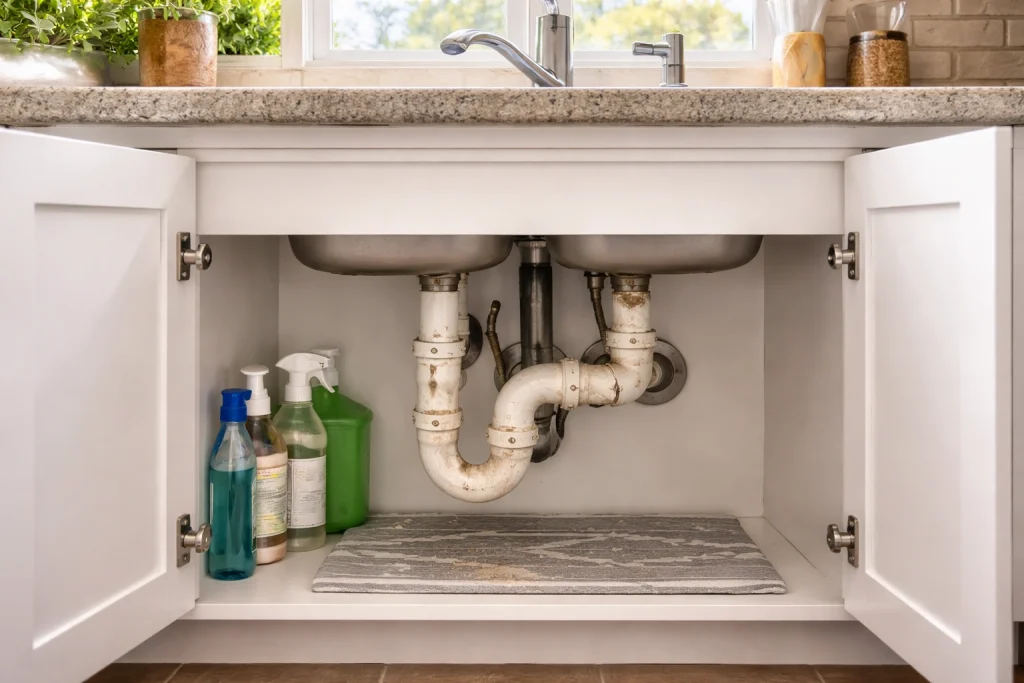 aged plumbing beneath the kitchen sink