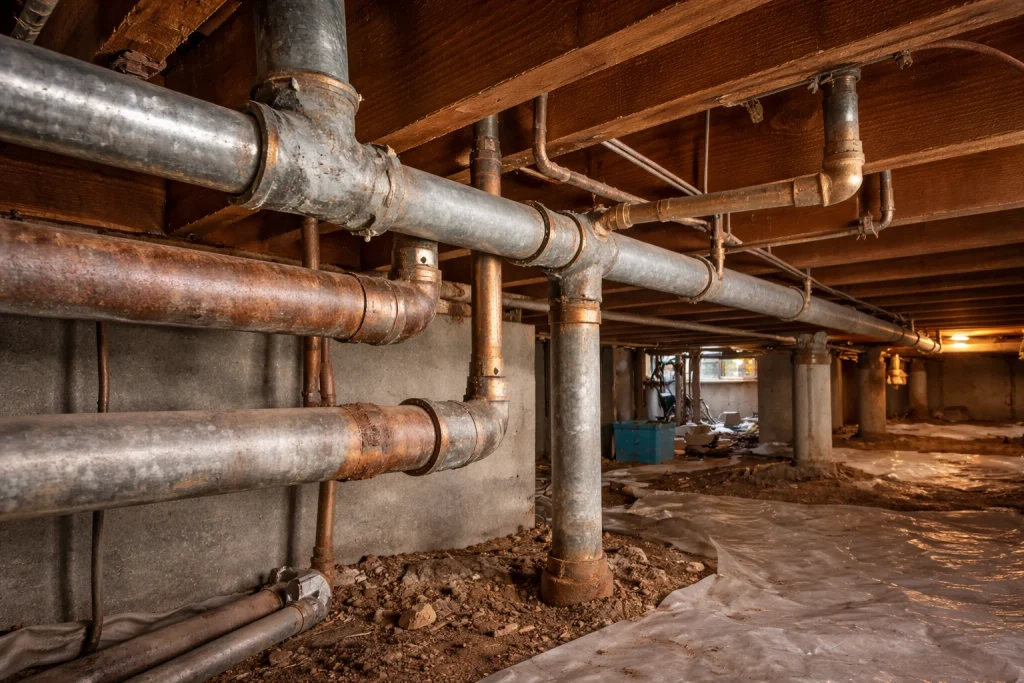 aged plumbing in crawl space
