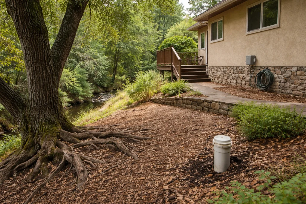Backyard view with tree and creek