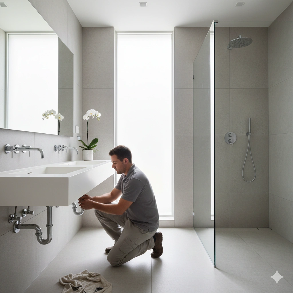 Plumber repairing a bathroom sink trap in a modern, bright bathroom.