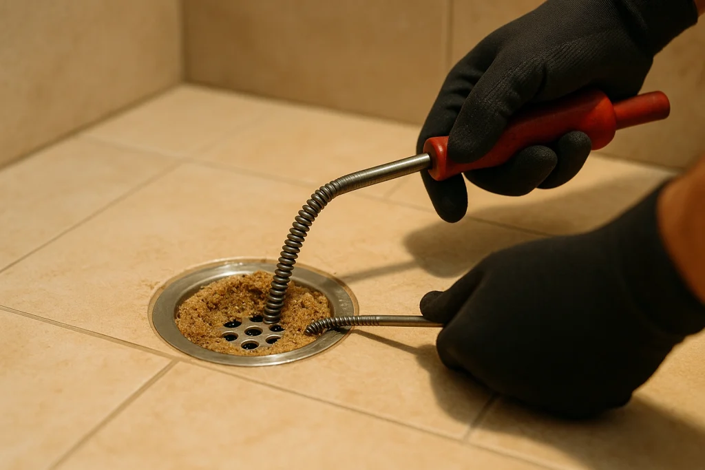 Close-up of sand buildup inside a shower drain in a vacation rental.