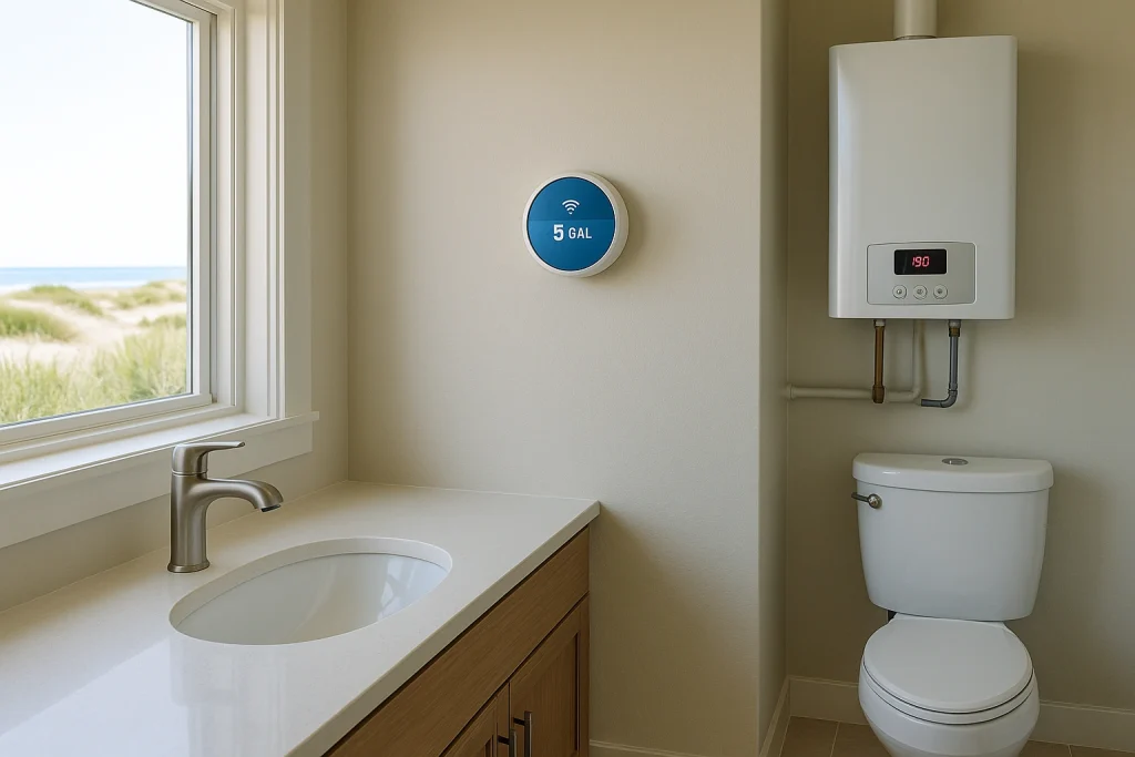 Eco-friendly plumbing upgrades inside a modern coastal home: low-flow faucets, tankless water heater, smart water monitor.
