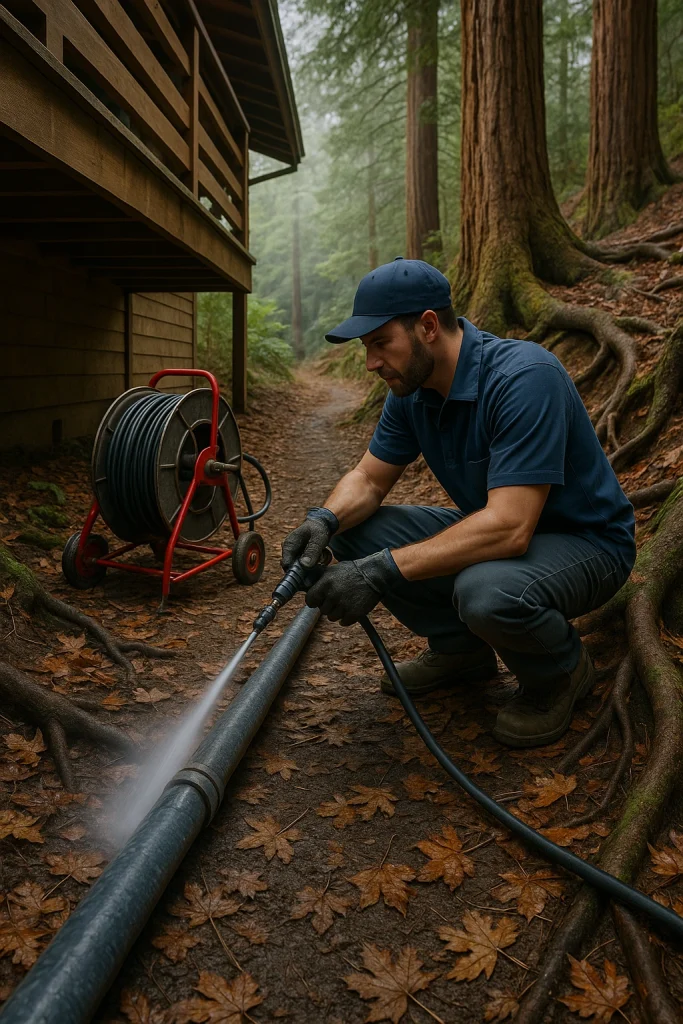 A plumber performing hydrojetting on a long drain line