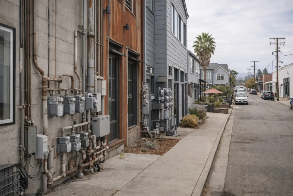mixed use street view with infrastructure details