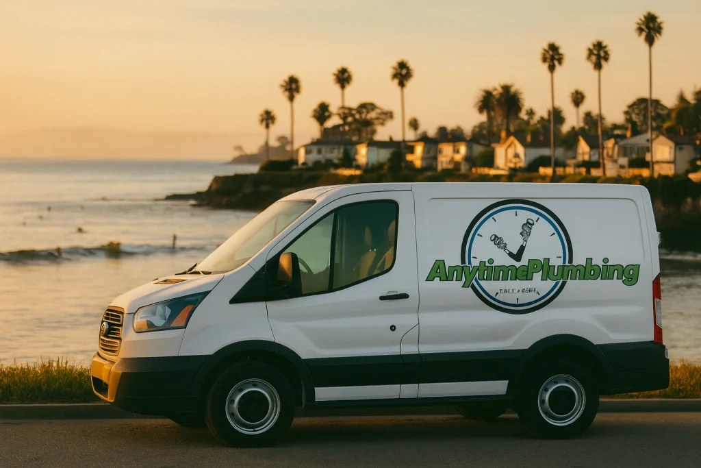 Anytime Plumbing service van parked along East Cliff Drive overlooking the Opal Cliffs coastline,